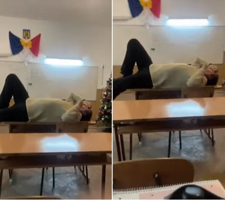 Profesor întins pe catedră și elevi făcând tumbe, în timpul orei de fizică