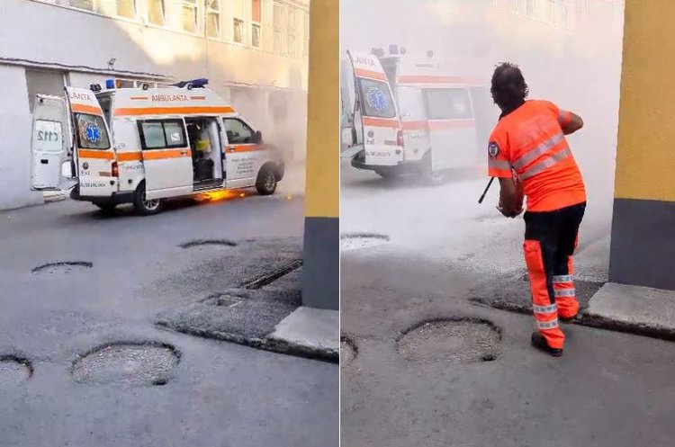 O ambulanță a luat foc în curtea Spitalului Județean de Urgență Constanța