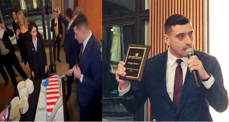 George Simion a tăiat un tort în forma Groenlandei acoperit cu steagul SUA